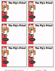 R006037 six signs on an 8.5" x 11" sheet for Piggly Wiggly banner stores. Featuring Pig holding two bags of groceries and "THE PIG PRICE". 100 sheets per pack.
