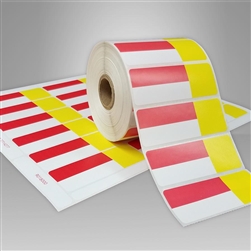 2455715-126-1 Red & Yellow Direct Thermal Labels for desktop printers, such as zebra and honeywell brand printers.
