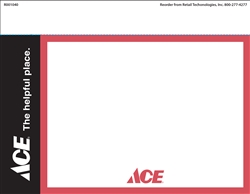 One 7" x 11" red, black, and white card stock signs on an 8.5" x 11" sheet. Features the registered ACE Hardware store logo and slogan, "ACE The Helpful Place"