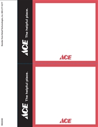 Two 7" x 5.5" red, black, and white card stock signs on an 8.5" x 11" sheet. Features the registered ACE Hardware store logo and slogan, "ACE The Helpful Place"