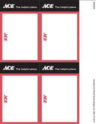 Four 3.5" x 5.5" red, black, and white card stock signs on an 8.5" x 11" sheet. Features the registered ACE Hardware store logo and slogan, "ACE The Helpful Place"