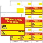 9 labels on a sheet with "temporary price reduction" in red & yellow.  Designed for drawing customers to weekly markdown items.