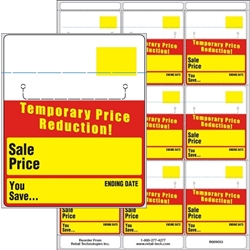 9 labels on a sheet with "temporary price reduction" in red & yellow.  Designed for drawing customers to weekly markdown items.