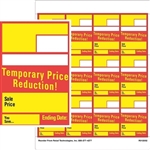 12 labels on a sheet with "temporary price reduction" in red & yellow.  Designed for drawing customers to weekly markdown items.