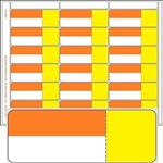 R018000-OrY 18up Orange/Yellow 3-in-1 Labels with Face Perforation on Eco Friendly Composite Stock w/ Removable Adhesive. 3 different size adhesive labels (a) 3-5/16" x 1-3/16" (b) 1-1/16" x 1-3/16" (c) 2-3/16" x 1-3/16" on one 8.5" x 11" sheet.